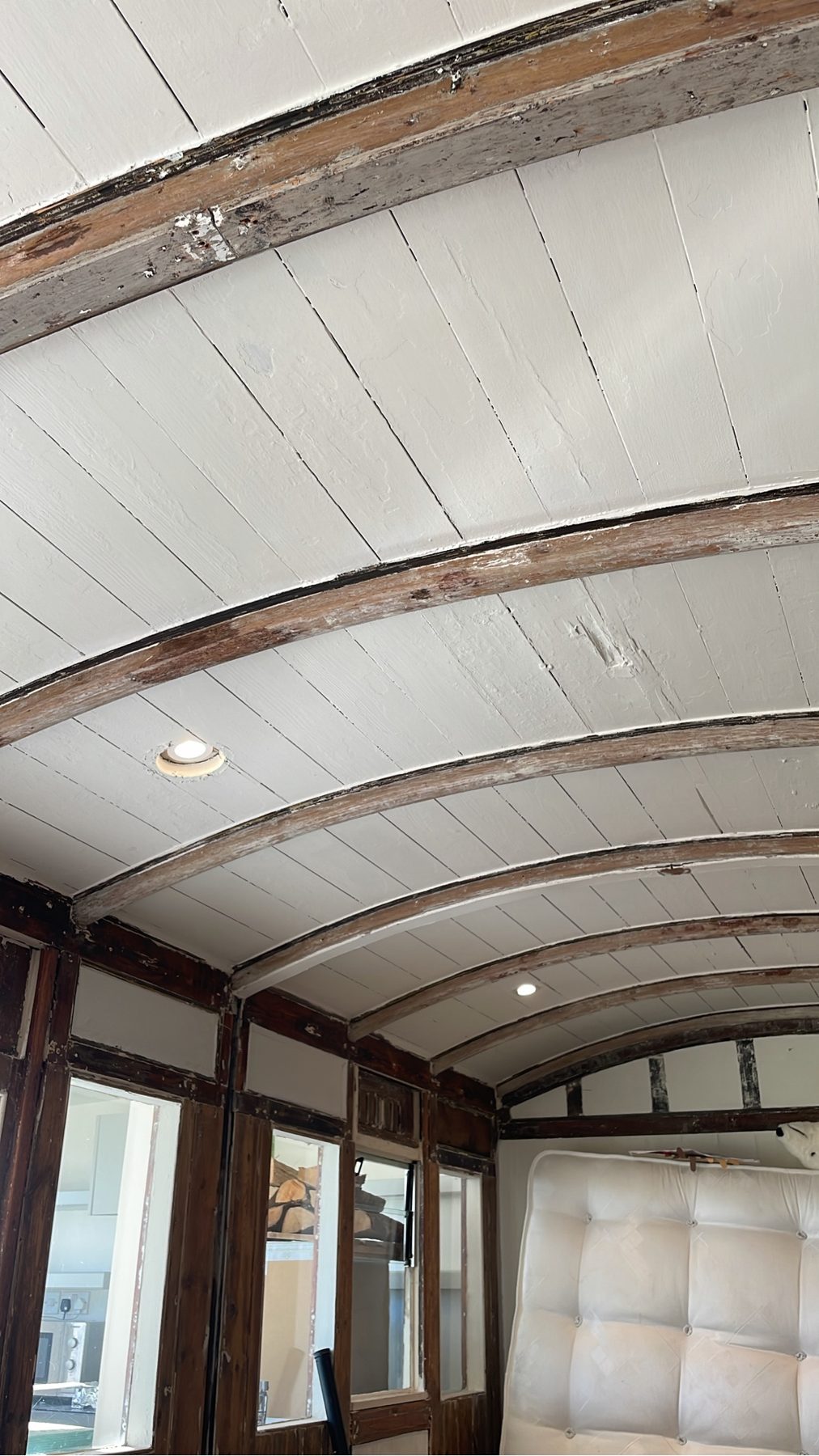 Curved timber ceiling in progress – USFEW, Kent